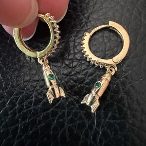 Gold Rocket Dangle Hoop Earrings with Green Gem Accents